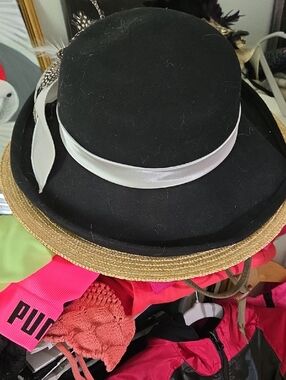 Temptations Black Cloche Hat with White Ribbon and Straw Trim